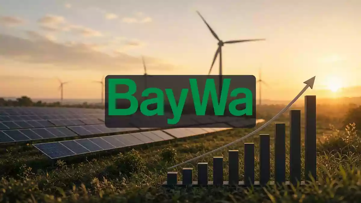 Moderne Windkraft- und Solaranlagen in einer Landschaft bei Sonnenuntergang als Symbol für nachhaltige Energiefinanzierung. Illustration mit AI erstellt.