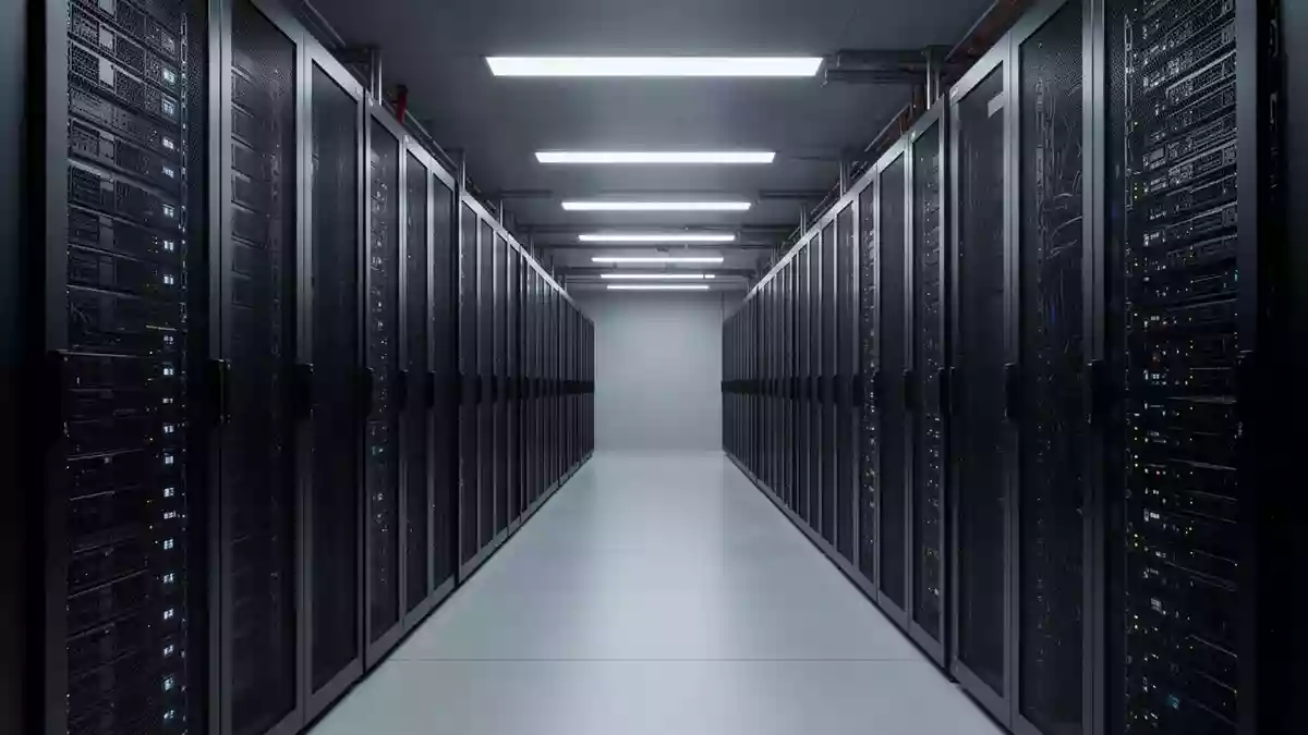 Ein minimalistischer, moderner Serverraum mit ordentlich angeordneten, dunklen Server-Racks in einem symmetrischen Flur. Illustration mit AI erstellt.