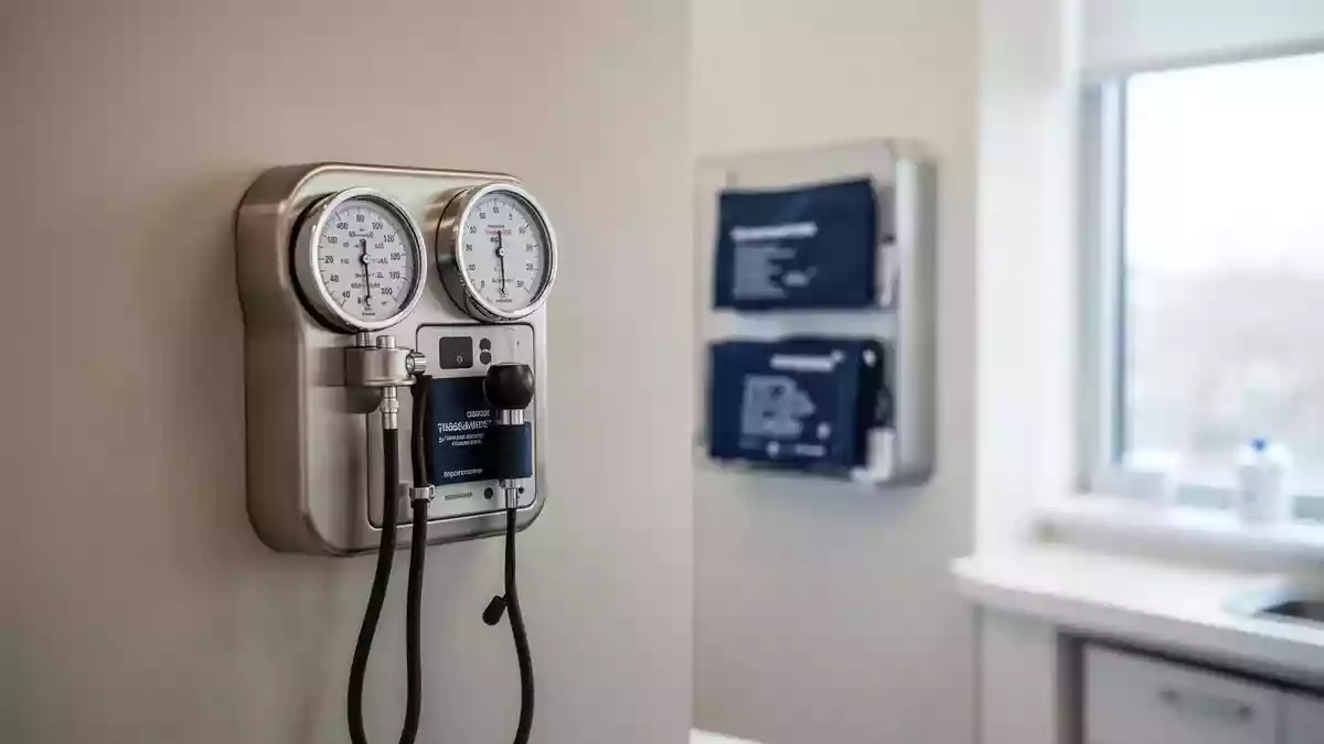 Ein medizinisches Blutdruckmessgerät an einer neutralen Wand in einer modernen, hellen Klinikpraxis. Illustration mit AI erstellt.