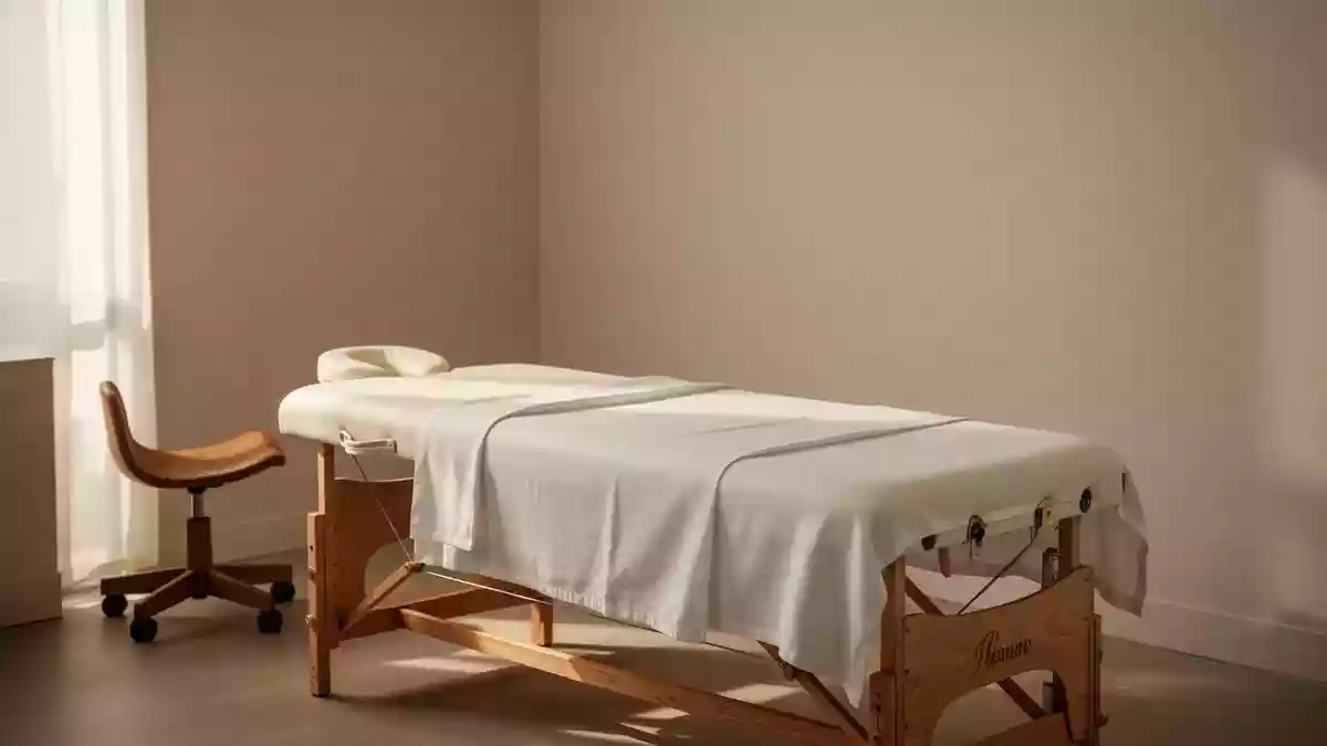 Ein minimalistischer, heller Behandlungsraum mit einer professionellen Massageliege in einer ruhigen, klinischen Umgebung. Illustration mit AI erstellt.