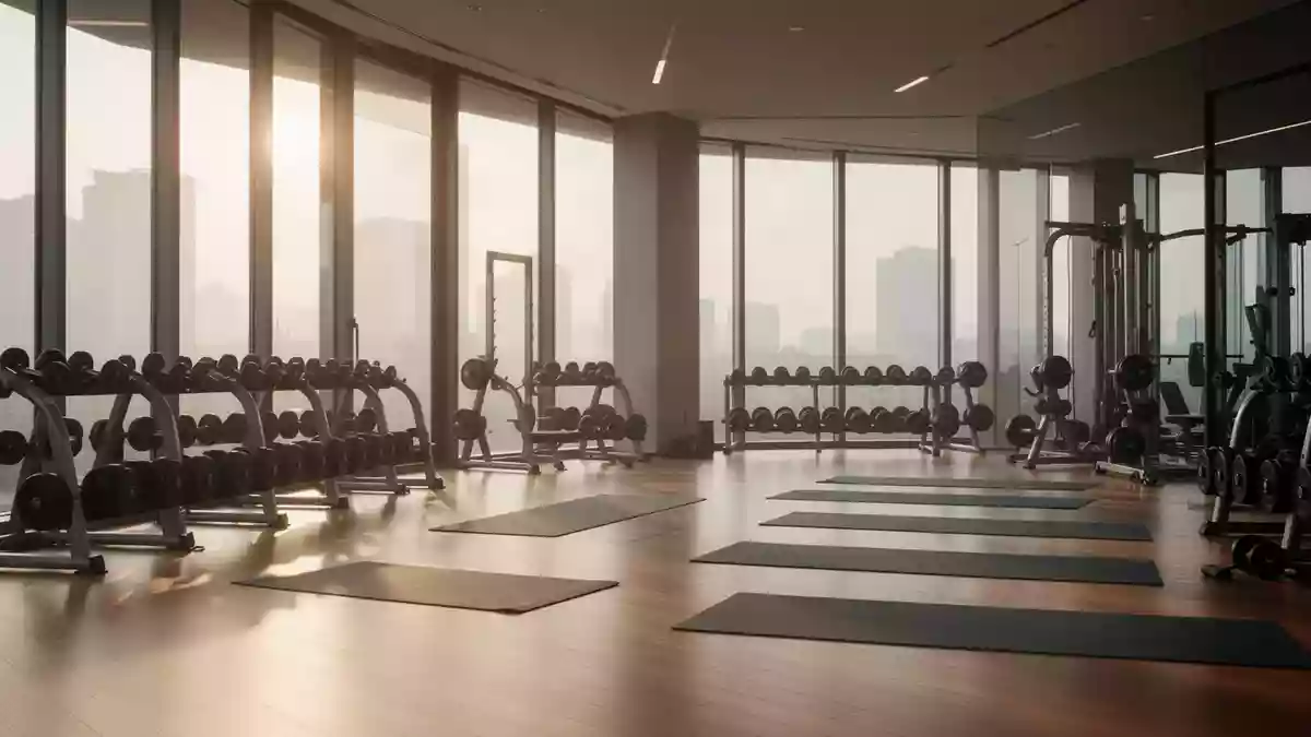 Ein heller, minimalistisch eingerichteter Fitnessraum mit Holzfußboden und ordentlich aufgereihten Sportgeräten. Illustration mit AI erstellt.