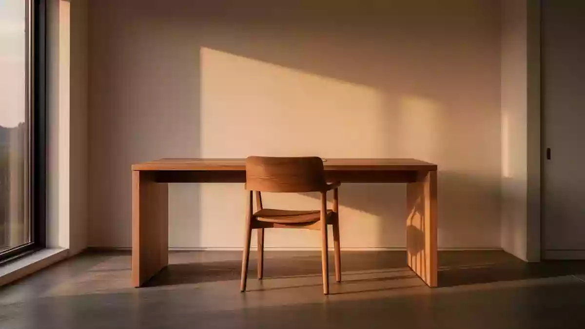 Ein ruhiger, minimalistischer Homeoffice-Arbeitsplatz mit einem leeren Stuhl und sanftem Tageslicht. Illustration mit AI erstellt.