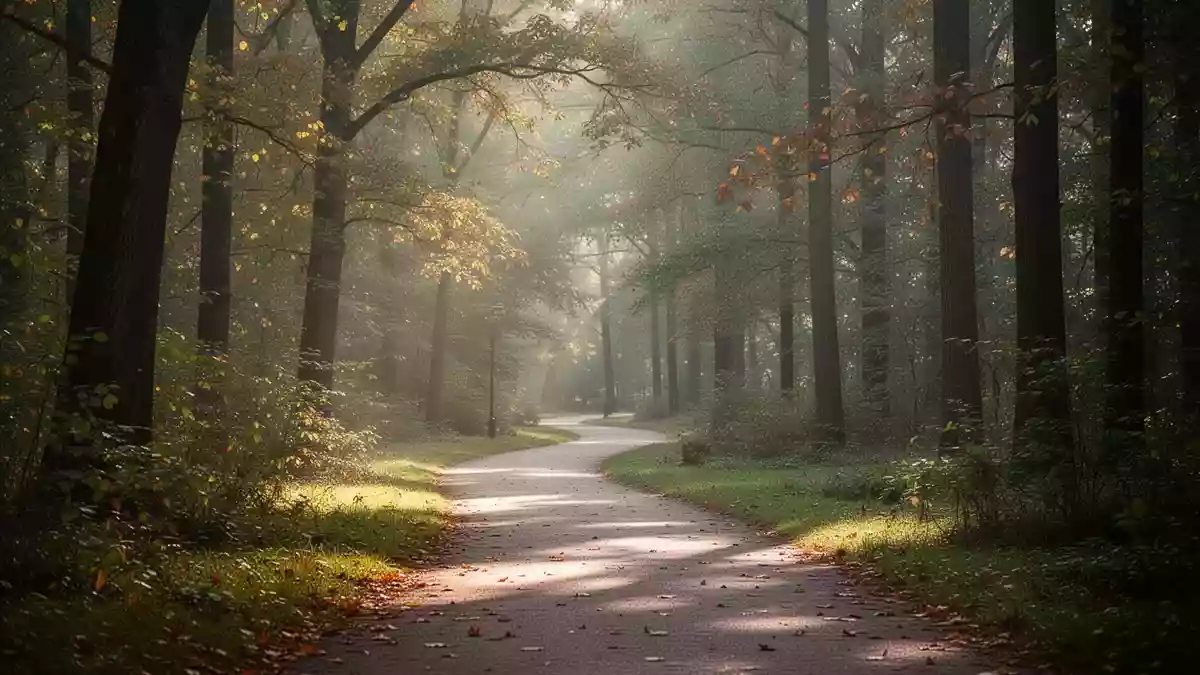 Ein sonniger Waldweg in einem Park, der zu regelmäßiger körperlicher Bewegung einlädt. Illustration mit AI erstellt.