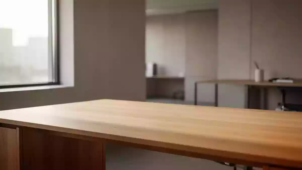 Ein minimalistischer, leerer Schreibtisch in einem hellen, modernen Büro bei natürlichem Lichteinfall. Illustration mit AI erstellt.