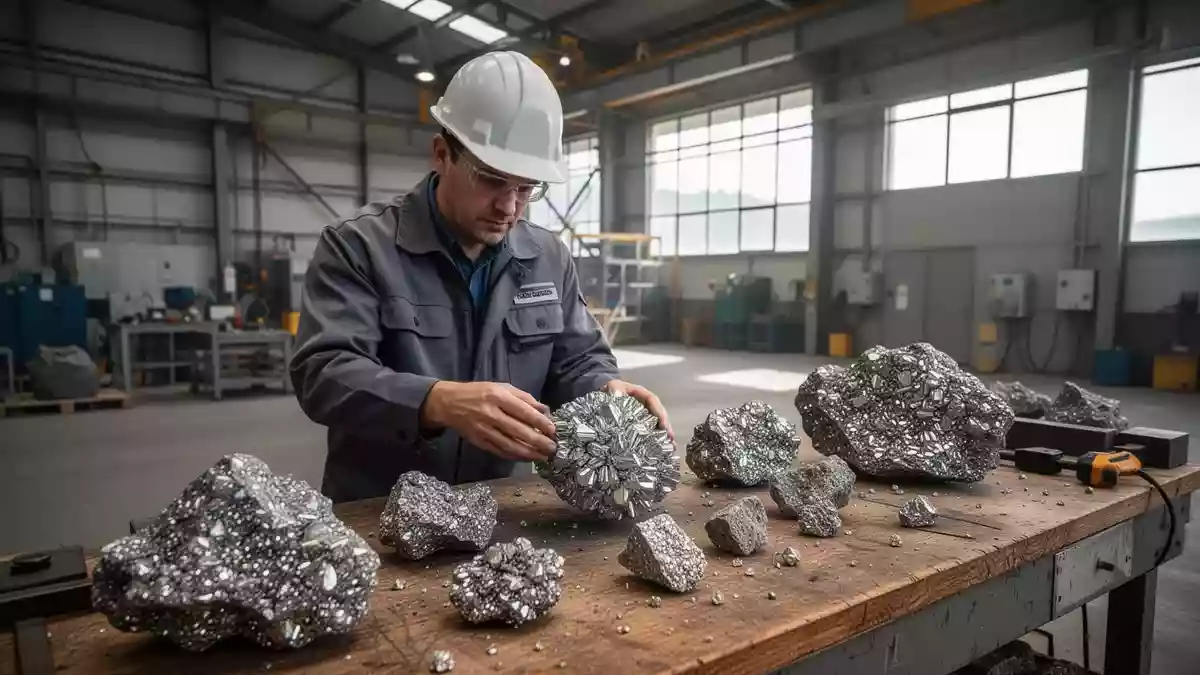 Ein Geologe untersucht rohe Germanium-Erzproben auf einer Werkbank in einem modernen Bergbaubetrieb. Illustration mit AI erstellt.