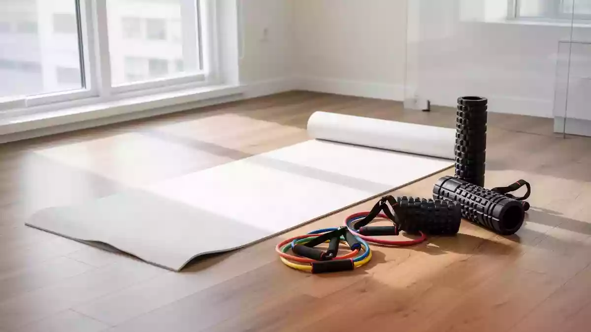 Ein minimalistischer Physiotherapieraum mit einer Yogamatte, Widerstandsbändern und einer Faszienrolle auf einem Holzboden. Illustration mit AI erstellt.
