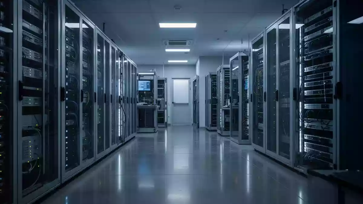 Ein steriles, modernes Labor mit Serverracks und kühler blauer Beleuchtung in einer kontrollierten Umgebung. Illustration mit AI erstellt.