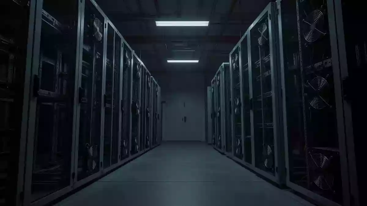 Dunkler, industrieller Serverraum mit leeren Serverschränken in kühlem Blaulicht. Illustration mit AI erstellt.