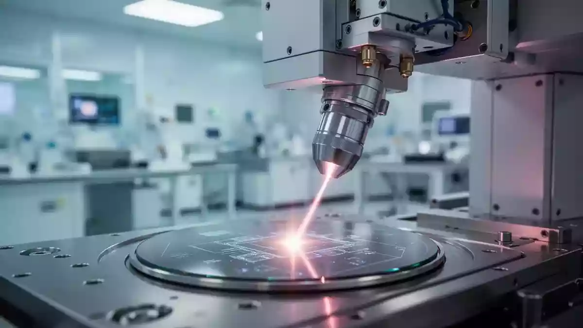 Präzisionslaser bei der Bearbeitung eines Halbleiter-Wafers in einer modernen Industrieanlage. Illustration mit AI erstellt.