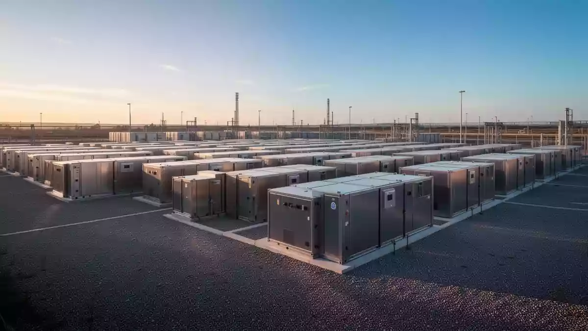 Industrielle Großbatteriespeicher auf einer Anlage bei Sonnenuntergang Illustration mit AI erstellt.