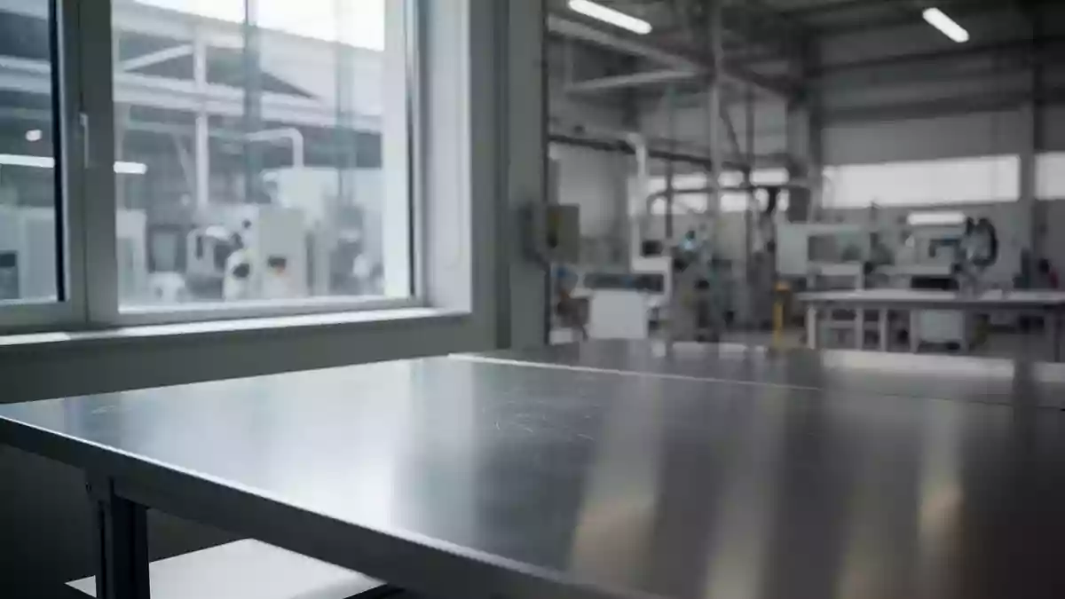 Ein minimalistischer, moderner Arbeitsbereich in einem Industriedesign-Studio mit natürlichem Licht und weichen Schatten. Illustration mit AI erstellt.