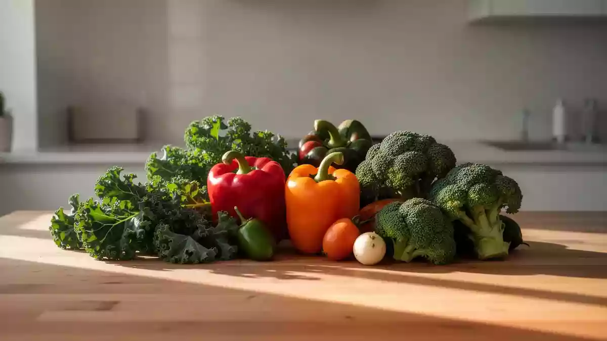 Frisches Gemüse auf einer Holzarbeitsfläche in einer hellen Küche als Symbol für eine gesunde Ernährung. Illustration mit AI erstellt.