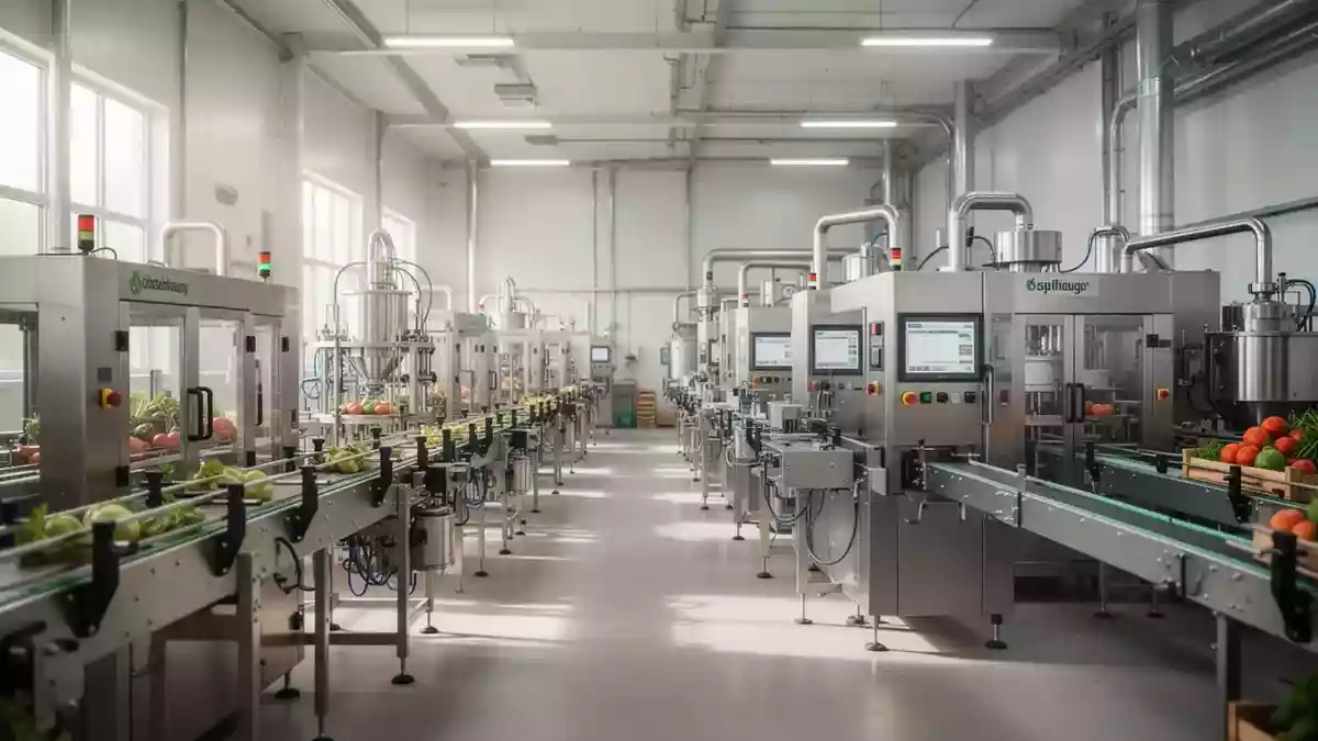 Moderne Produktionsanlage in einem Unternehmen für nachhaltige Lebensmittel. Illustration mit AI erstellt.