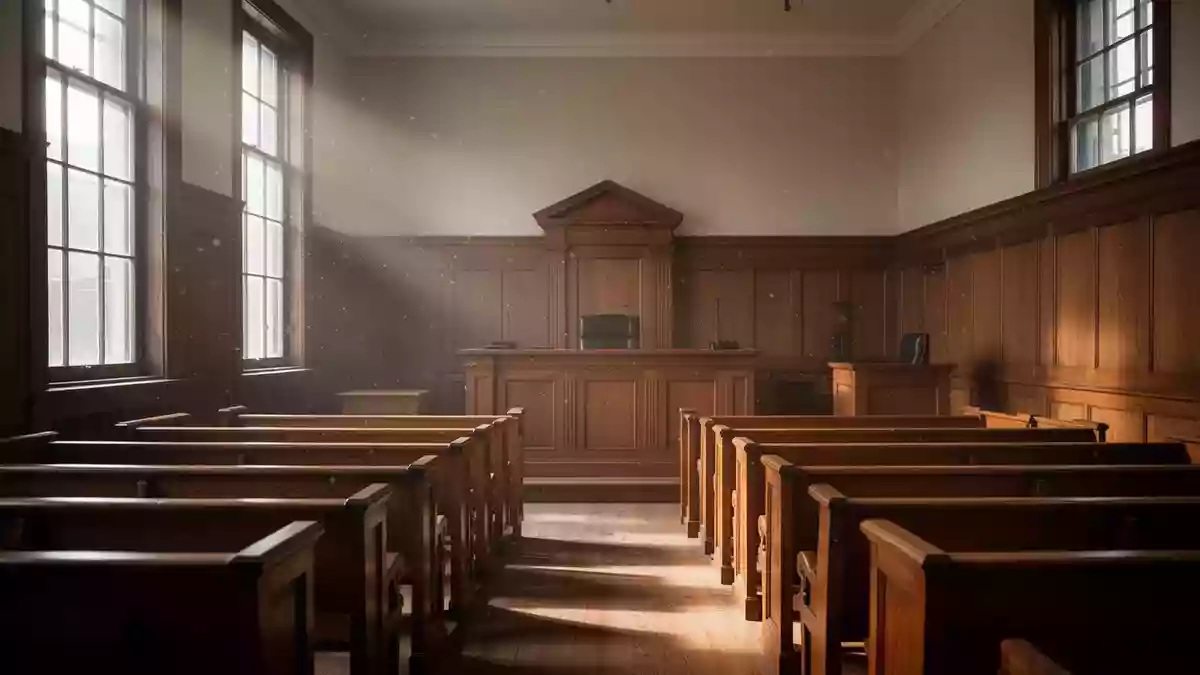 Ein leerer Gerichtssaal mit hölzernen Sitzreihen und einem Richterpult in natürlichem Licht. Illustration mit AI erstellt.