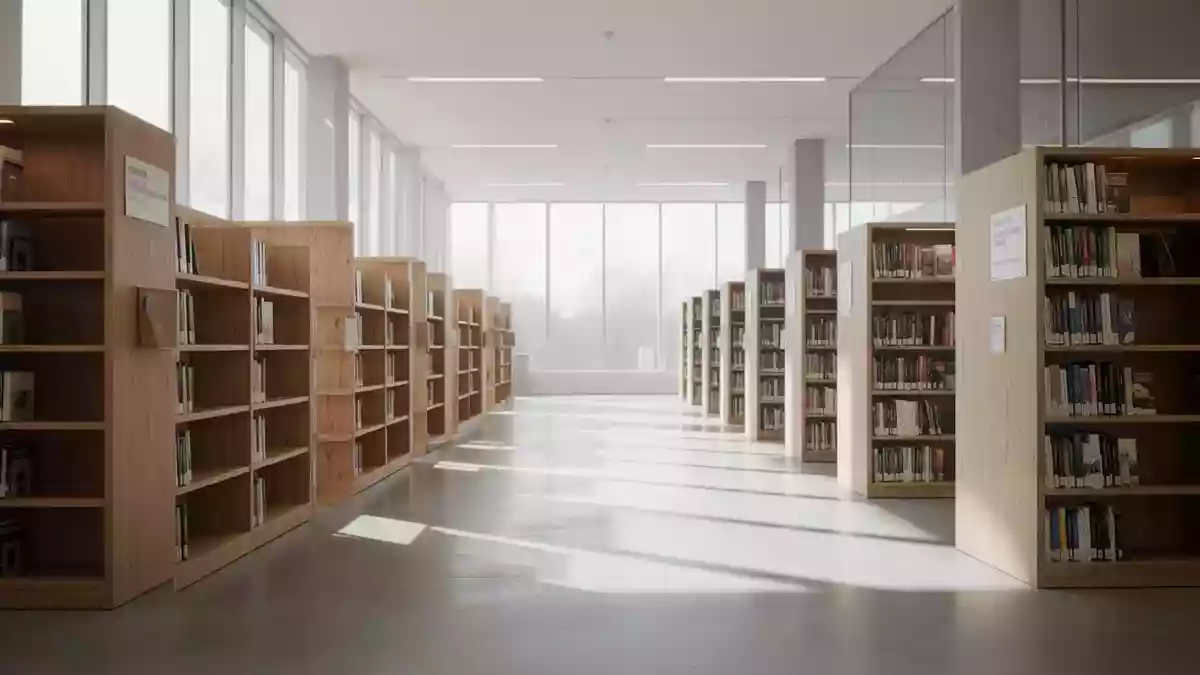 Heller, minimalistischer Bibliotheksraum mit Holzregalen und natürlichem Lichteinfall. Illustration mit AI erstellt.