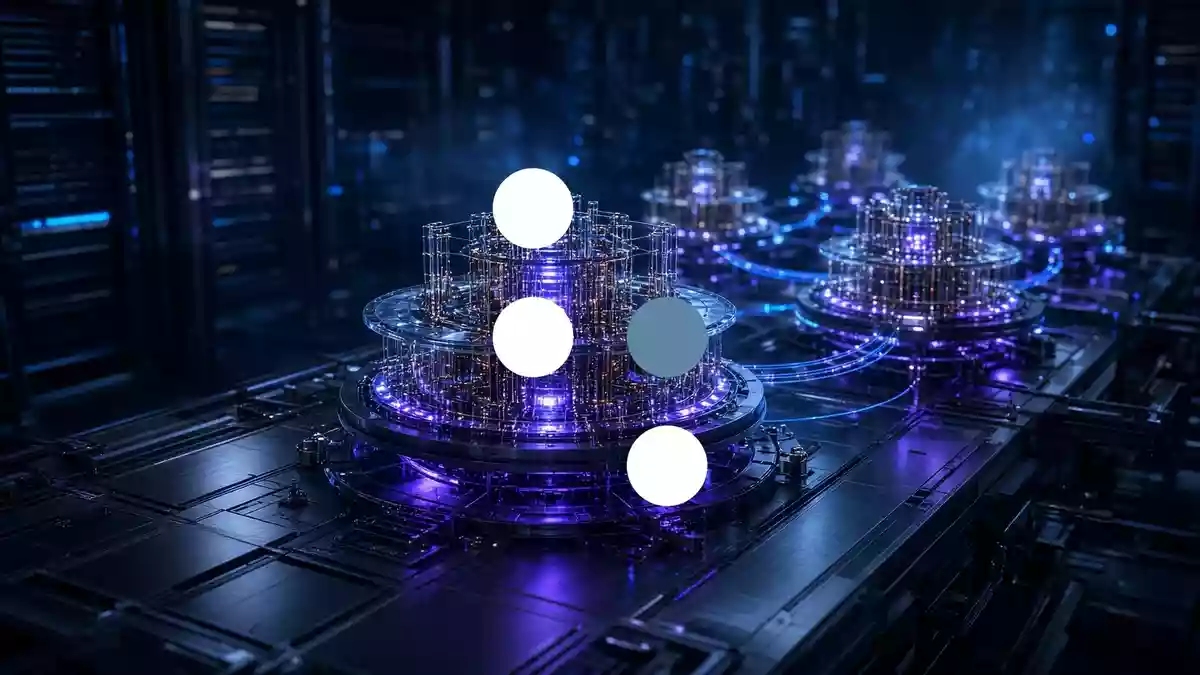 Abstrakte Darstellung eines Quantencomputer-Prozessors in einem hochmodernen Serverraum mit atmosphärischer Beleuchtung. Illustration mit AI erstellt.