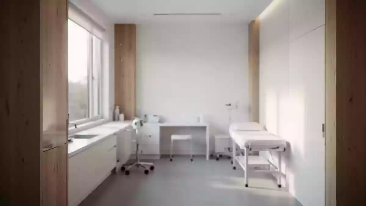 Ein minimalistischer, heller medizinischer Untersuchungsraum mit weichem Tageslicht und Fokus auf architektonische Details. Illustration mit AI erstellt.