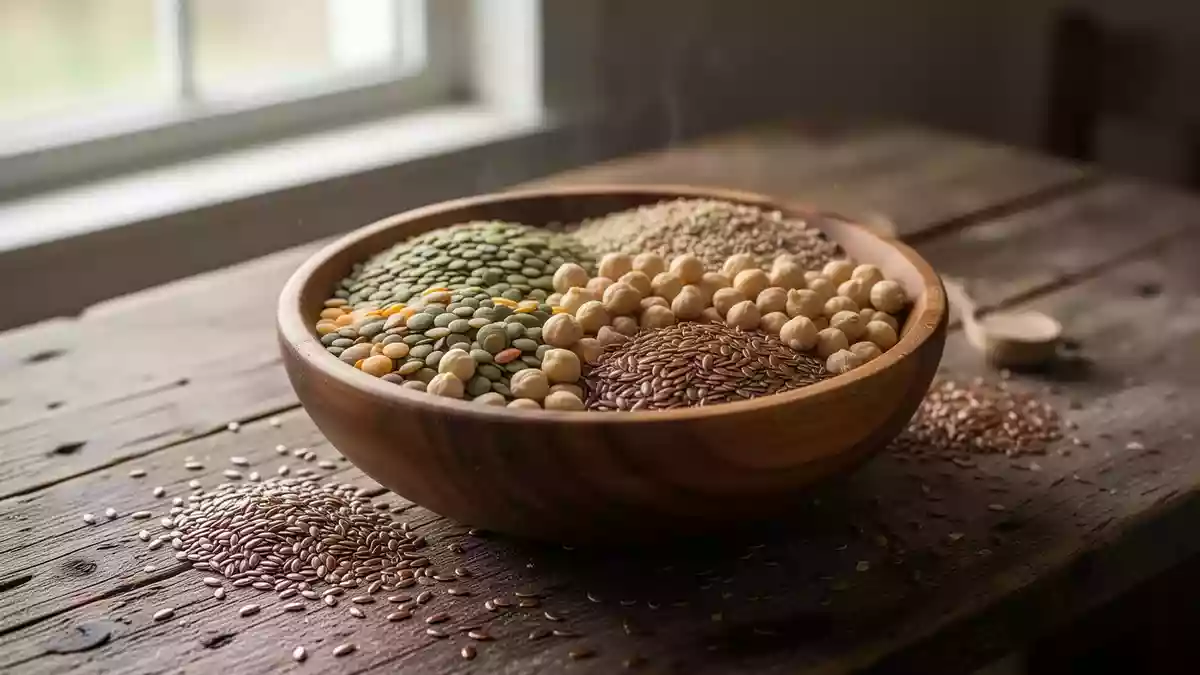Eine Nahaufnahme von verschiedenen ballaststoffreichen Lebensmitteln wie Linsen und Leinsamen in einer Holzschale. Illustration mit AI erstellt.