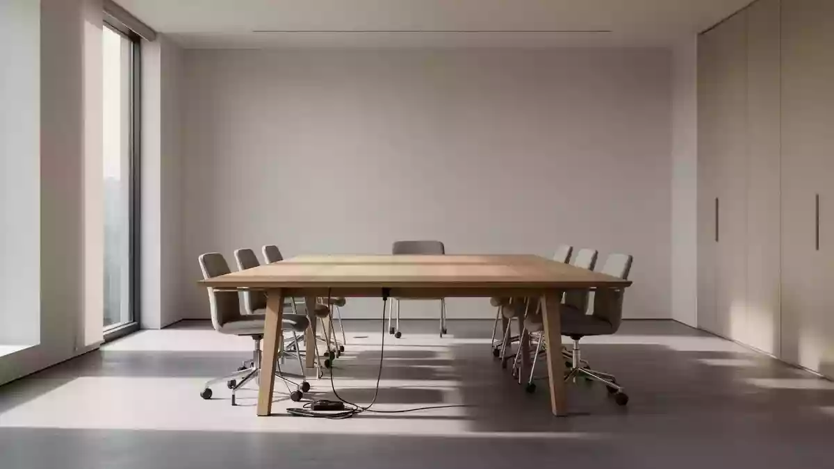 Ein minimalistisch eingerichteter Konferenzraum mit einem leeren Holztisch in einem hellen, sonnendurchfluteten Büro. Illustration mit AI erstellt.