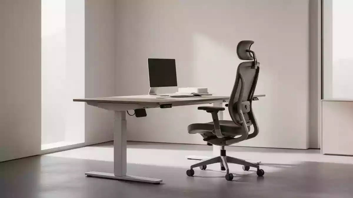 Ein minimalistischer, heller Büroraum mit einem ergonomischen Schreibtisch und einem leeren Bürostuhl. Illustration mit AI erstellt.