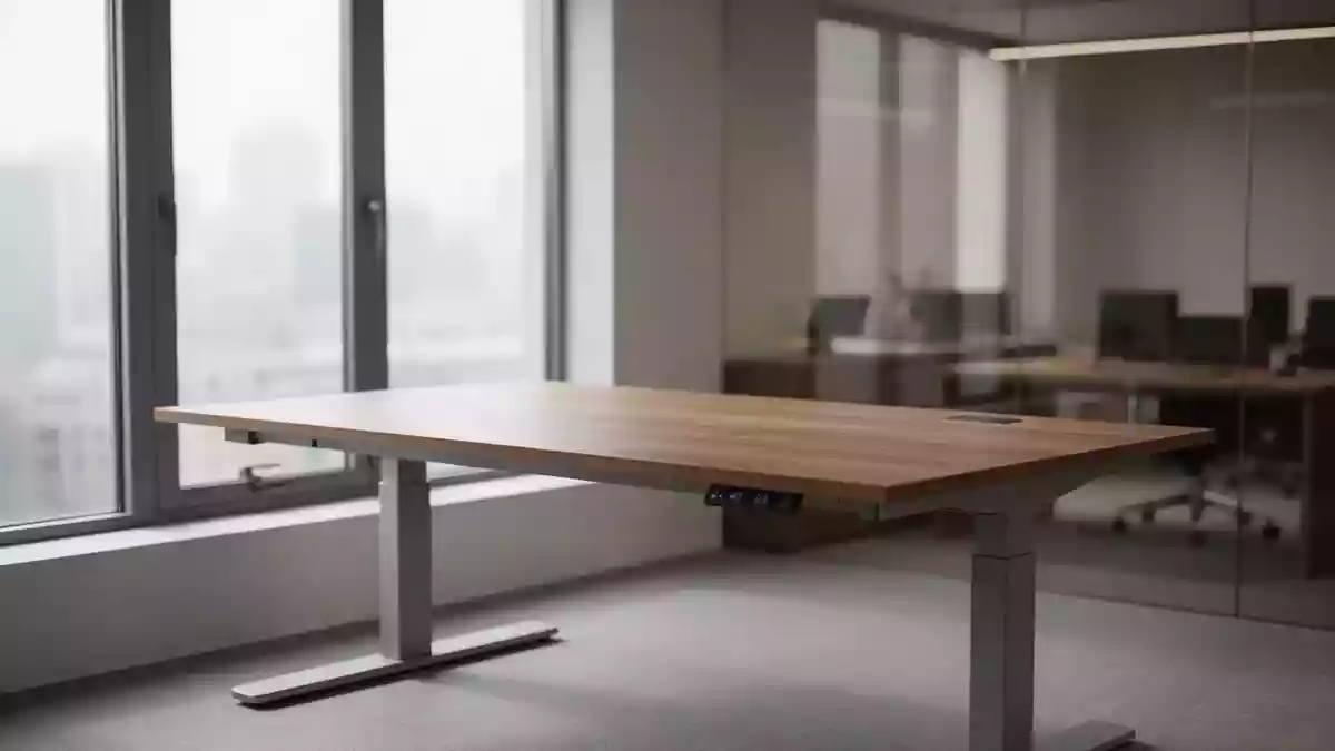 Ein leerer, ergonomischer Arbeitsplatz mit einem höhenverstellbaren Schreibtisch in einem hellen, ruhigen Büro. Illustration mit AI erstellt.