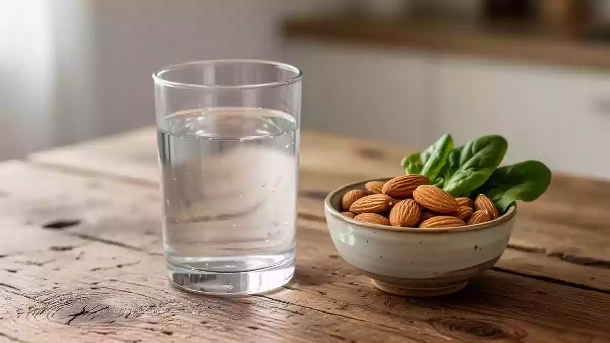 Ein Glas Wasser neben einer Schale mit Mandeln und grünem Blattgemüse auf einem Holztisch bei natürlichem Licht. Illustration mit AI erstellt.
