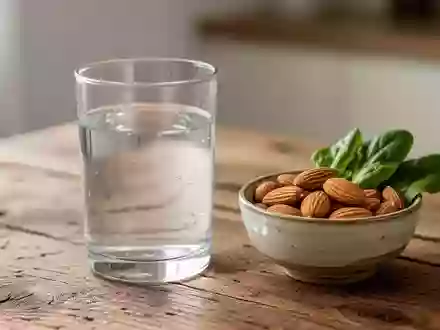 Ein Glas Wasser neben einer Schale mit Mandeln und grünem Blattgemüse auf einem Holztisch bei natürlichem Licht. - Foto: über boerse-global.de