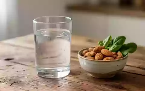 Ein Glas Wasser neben einer Schale mit Mandeln und grünem Blattgemüse auf einem Holztisch bei natürlichem Licht. - Foto: über boerse-global.de