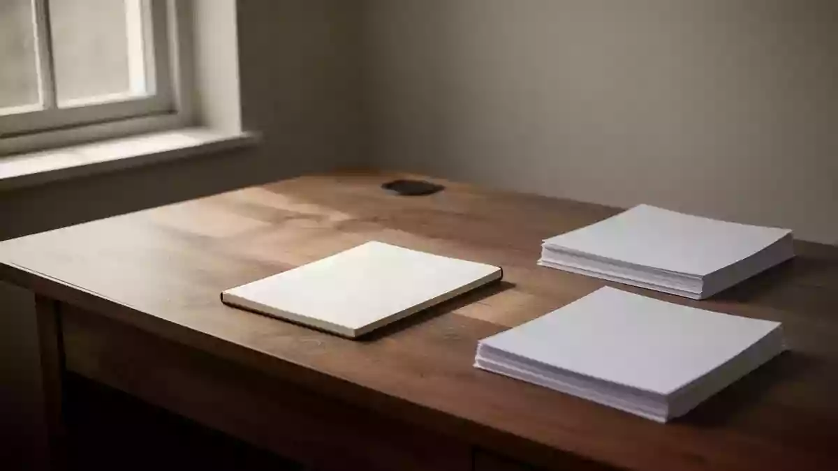 Ein minimalistischer Schreibtisch mit einem leeren Notizbuch und Papierstapeln in einem hellen, ruhigen Raum. Illustration mit AI erstellt.