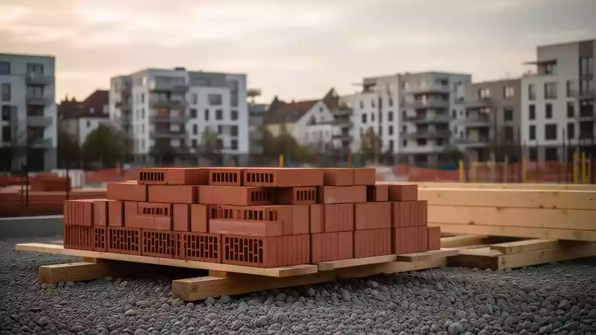 Baustelle mit ordentlich gestapelten Ziegeln und Holzbalken vor einer Kulisse moderner Wohngebäude in einer Stadt. Illustration mit AI erstellt.