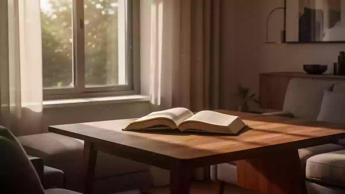Ein ruhiger Leseplatz mit einem offenen Buch in einem sonnendurchfluteten Raum. Illustration mit AI erstellt.