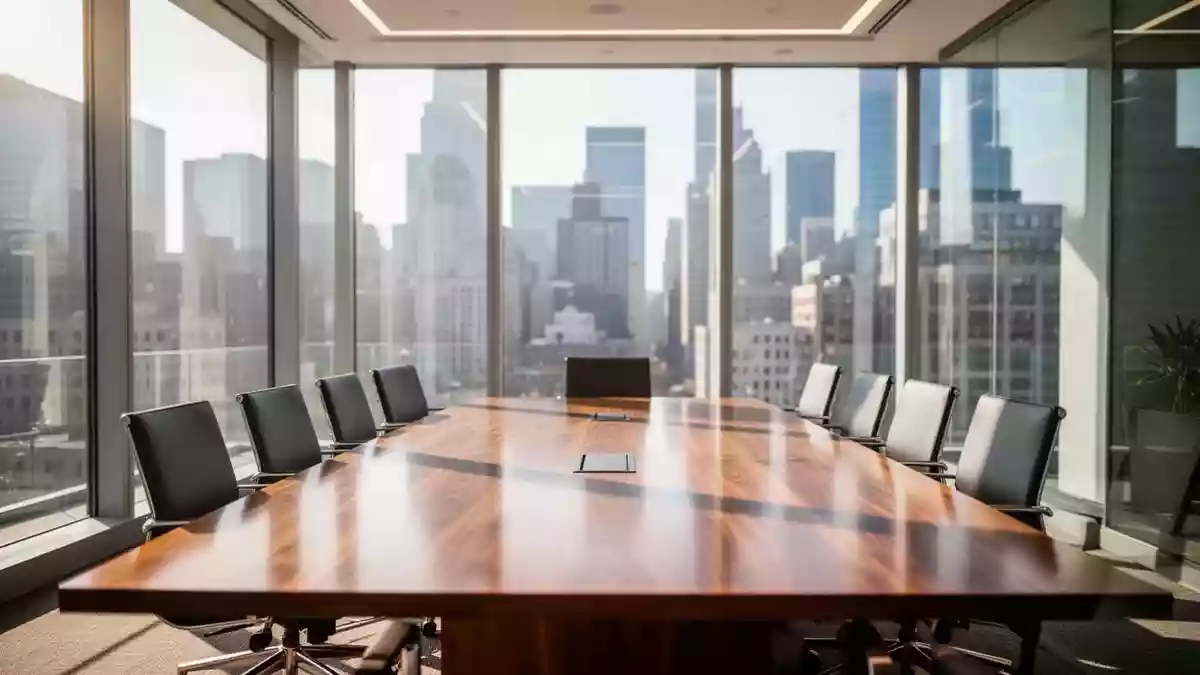 Ein moderner Konferenzraum in einem Bürogebäude mit Blick auf eine Finanzmetropole. Illustration mit AI erstellt.