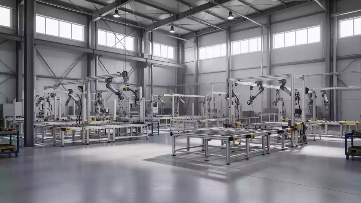 Eine moderne, leere industrielle Fertigungshalle mit hohen Decken und strukturierten Arbeitsbereichen. Illustration mit AI erstellt.