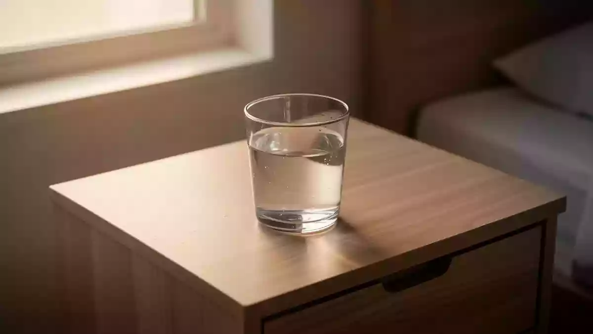 Ein Glas Wasser auf einem Nachttisch im sanften Morgenlicht. Illustration mit AI erstellt.