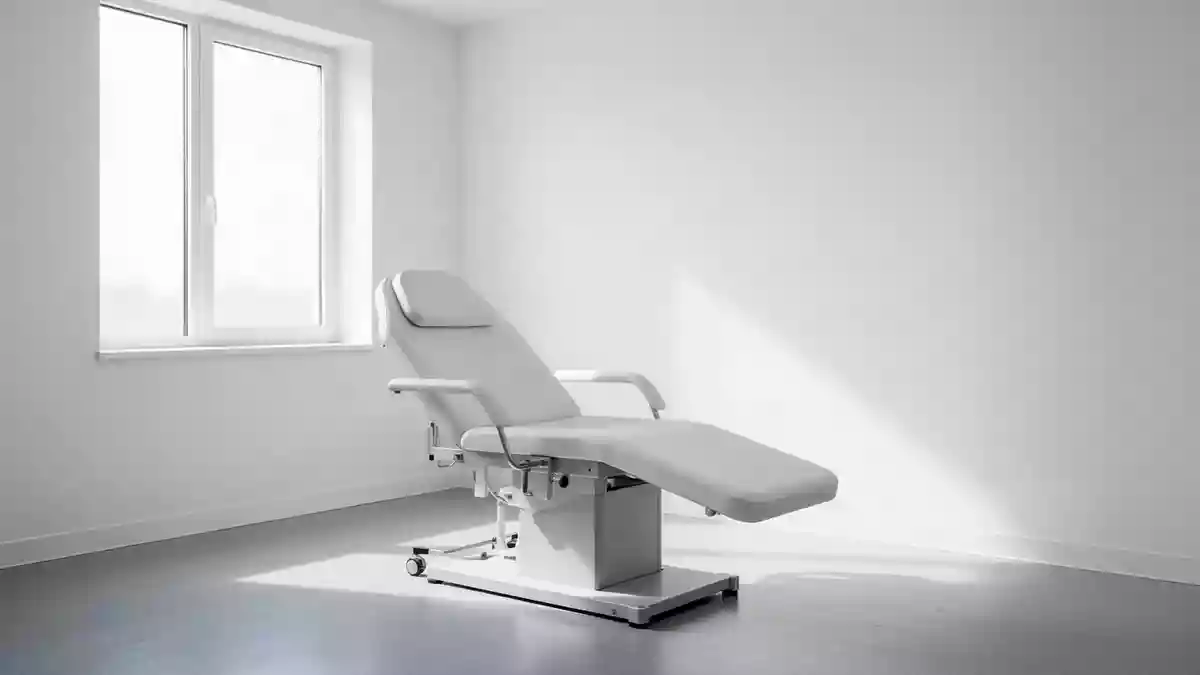 Ein heller, minimalistischer Behandlungsraum in einer Klinik mit klaren Linien und natürlichem Lichteinfall. Illustration mit AI erstellt.