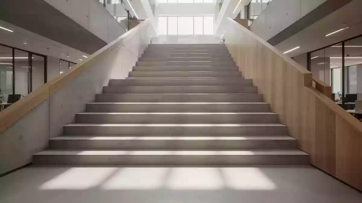 Eine leere, minimalistische Treppe in einem hellen Bürogebäude, die zu Bewegung einlädt. Illustration mit AI erstellt.