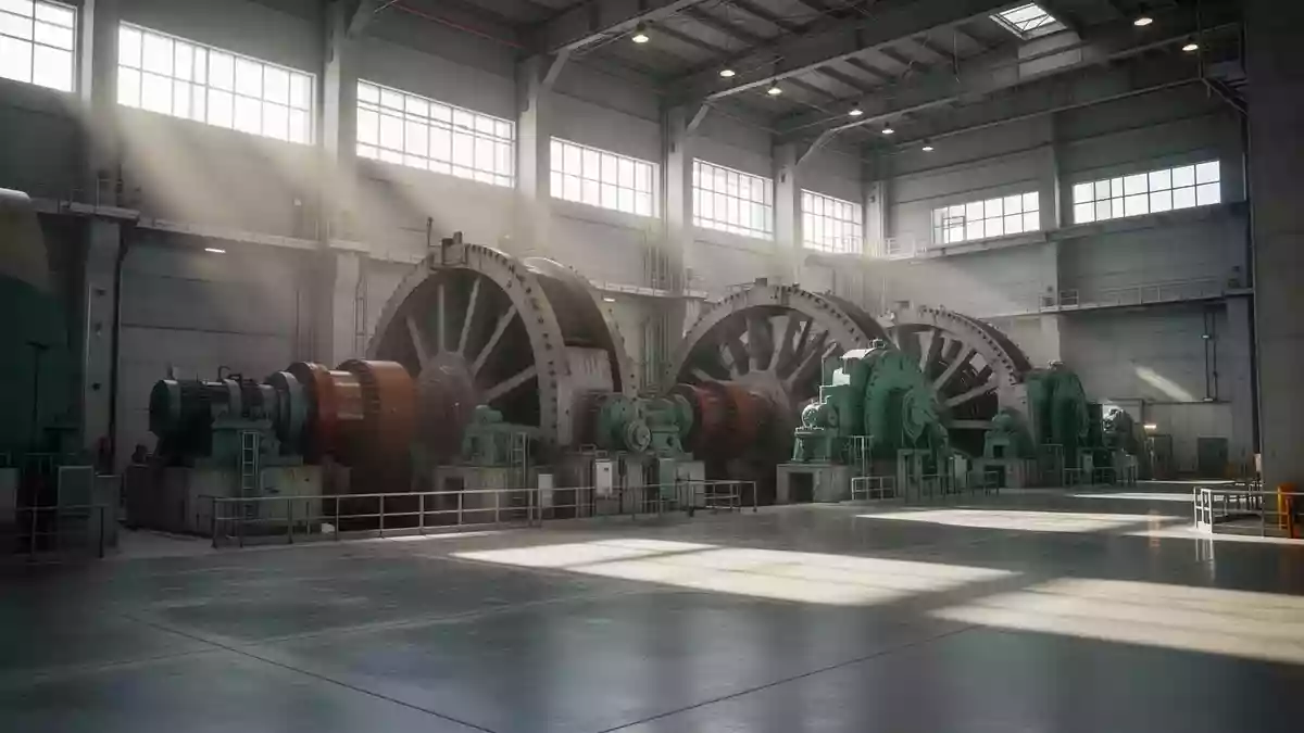 Moderne Turbinenhalle eines Wasserkraftwerks mit großen industriellen Maschinen und natürlichem Lichteinfall. Illustration mit AI erstellt.