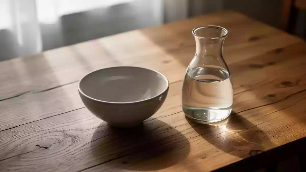 Ein minimalistischer Holztisch mit einer Keramikschale und einer Wasserkaraffe bei sanftem Tageslicht. Illustration mit AI erstellt.