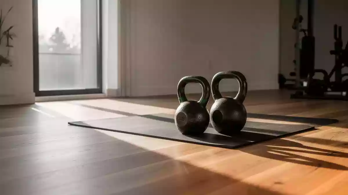Ein minimalistischer, sonnendurchfluteter Trainingsraum mit zwei Kettlebells auf dem Boden. Illustration mit AI erstellt.