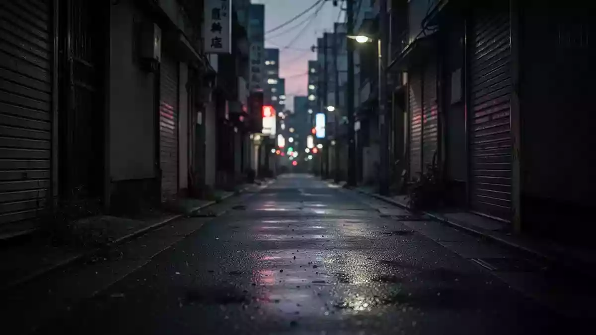 Eine nächtliche, verlassene Gasse in einer japanischen Stadt mit reflektierendem Asphalt und verschwommenen Lichtern. Illustration mit AI erstellt.
