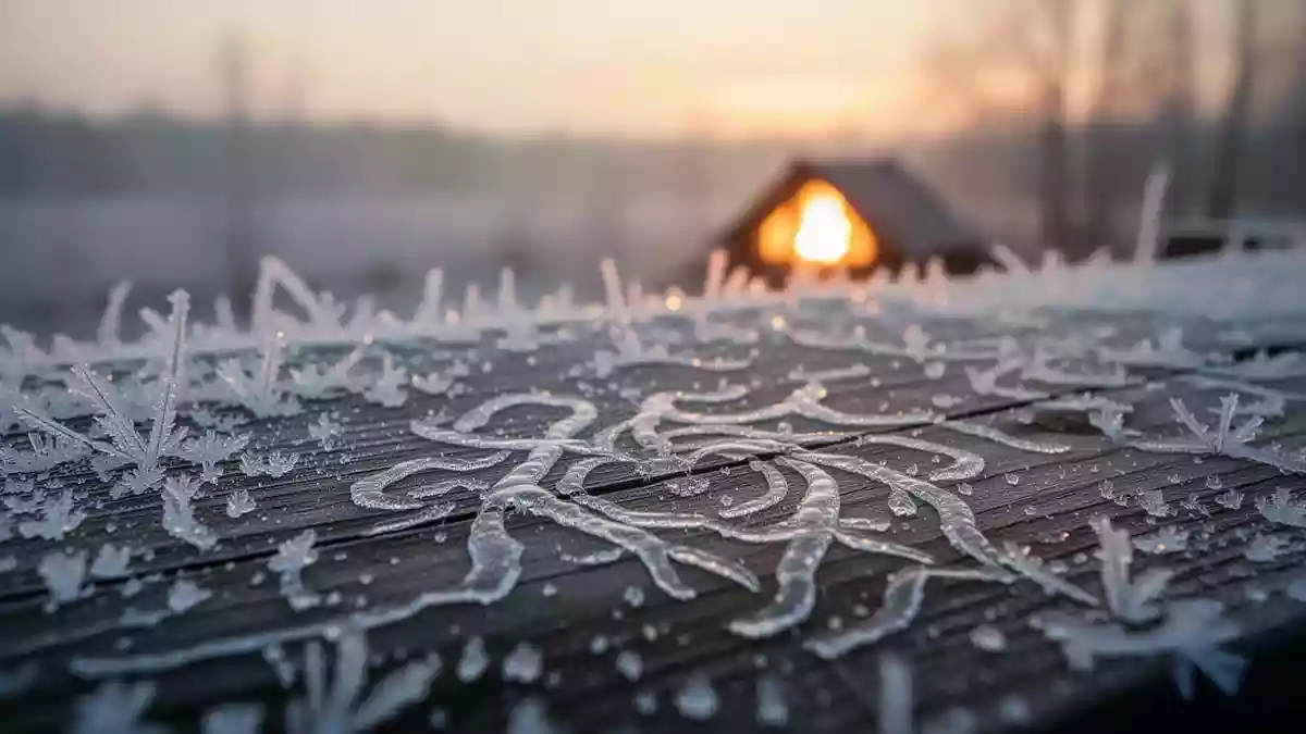 Frostbedeckte Landschaft bei Sonnenaufgang mit einem warmen Lichtfleck, der den Kontrast zwischen Kälte und Wärme symbolisiert. Illustration mit AI erstellt.