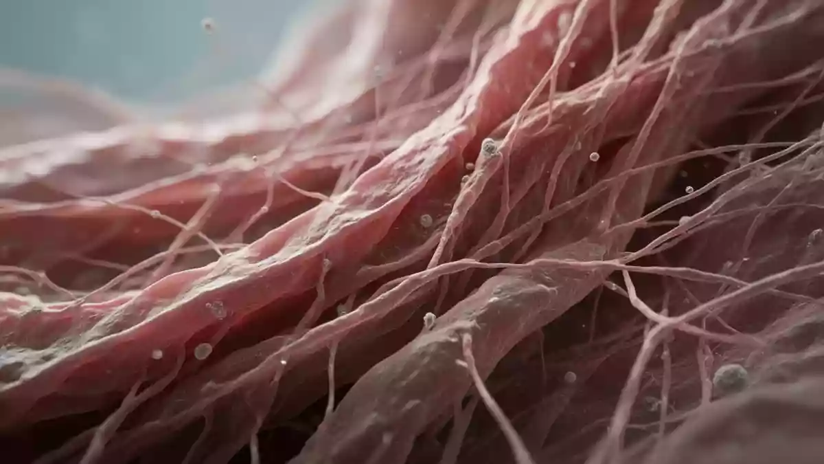 Mikroskopische Aufnahme von biologischen Zellstrukturen und Gewebefasern in einer klinischen Laborumgebung. Illustration mit AI erstellt.