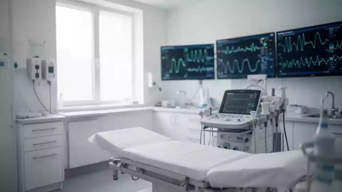 Ein steriler, moderner medizinischer Untersuchungsraum mit diagnostischer Ausstattung in ruhigem Licht. Illustration mit AI erstellt.
