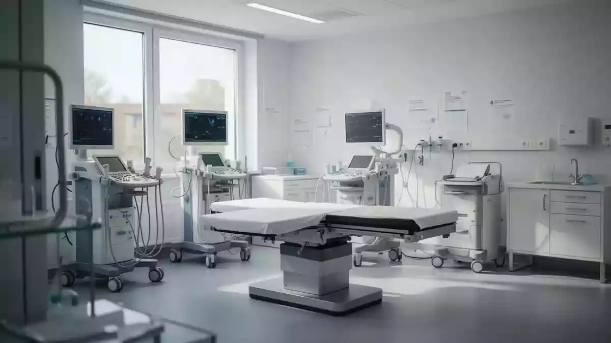 Ein klinischer Untersuchungsraum mit medizinischer Diagnostik-Ausrüstung in einer Universitätsklinik. Illustration mit AI erstellt.