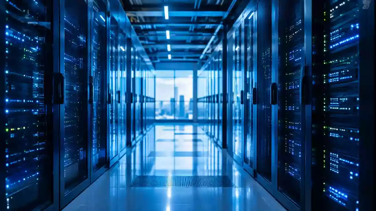 Modernes Rechenzentrum mit blauer Beleuchtung als Symbol für Cloud-Infrastruktur und finanzielle Flexibilität. Illustration mit AI erstellt.