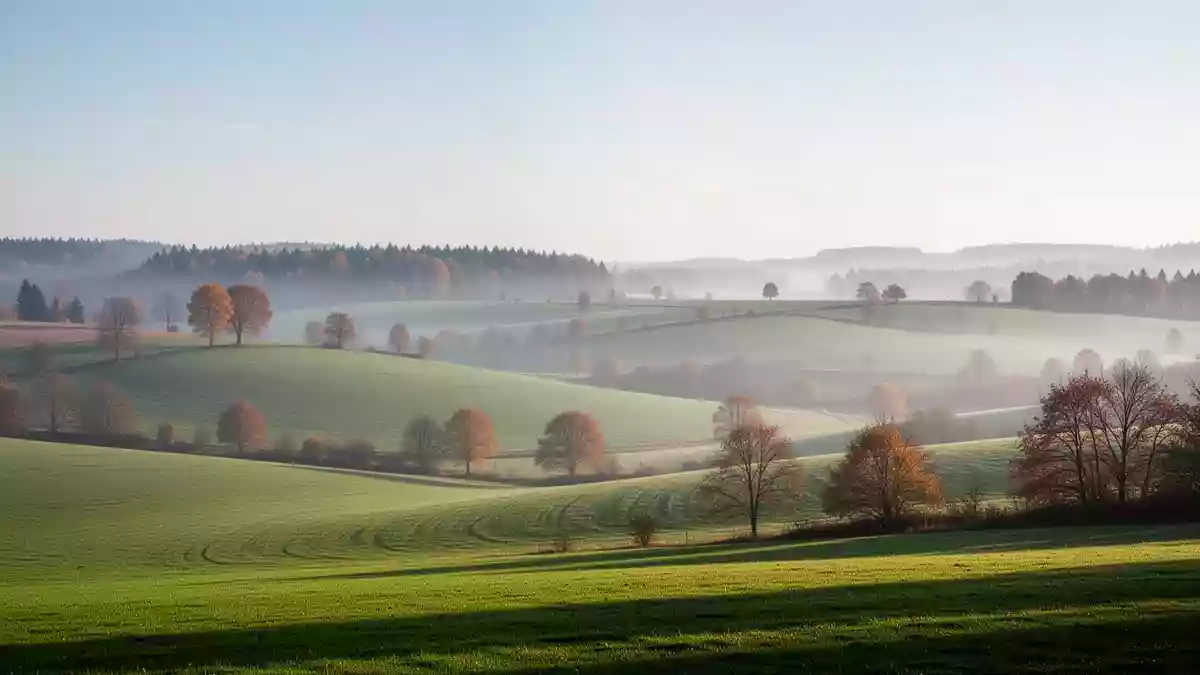 Hügelige Landschaft im oberfränkischen Umland bei sanftem Morgenlicht. Illustration mit AI erstellt.