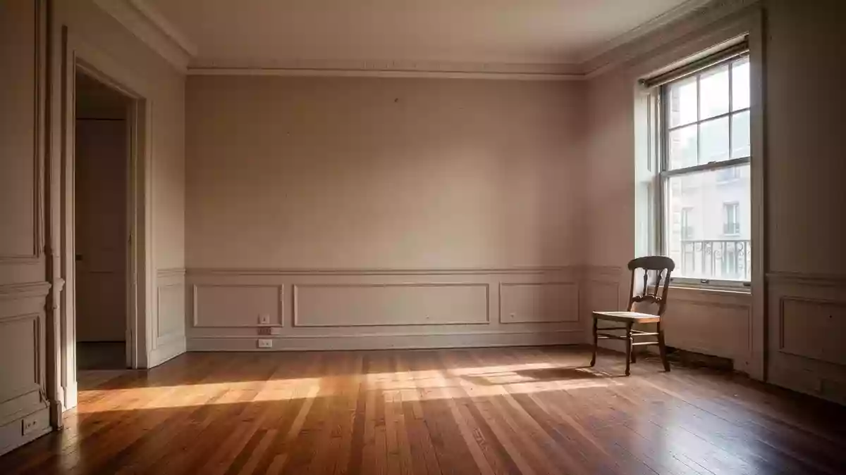 Ein leerer, sonnendurchfluteter Wohnraum in einer Wohnung mit Holzboden und einem einzelnen Stuhl am Fenster. Illustration mit AI erstellt.