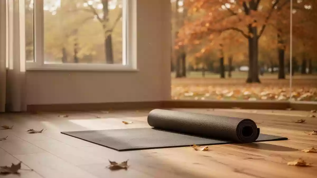 Ein heller, leerer Gymnastikraum mit Holzboden und herbstlichem Blick durch ein Fenster in einen Park. Illustration mit AI erstellt.