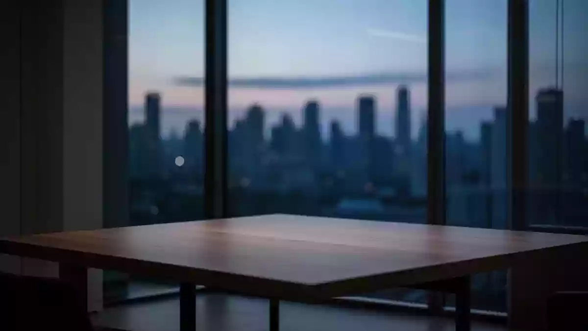 Ein minimalistischer, modern eingerichteter Raum bei Dämmerung mit Blick auf eine unscharfe Skyline. Illustration mit AI erstellt.