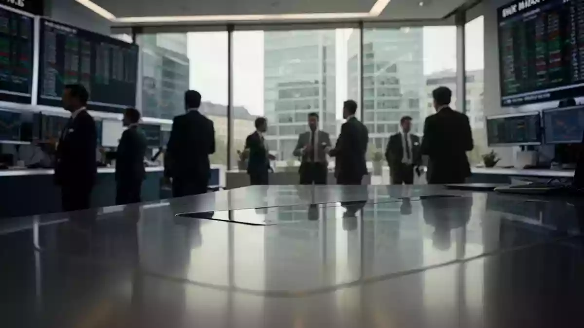 Moderne Frankfurter Börse mit verschwommenen Silhouetten von Händlern und neutralem, professionellem Licht. Illustration mit AI erstellt.